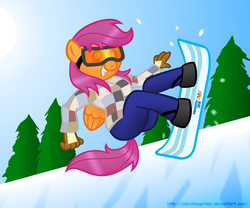 Size: 1024x853 | Tagged: safe, artist:aleximusprime, scootaloo, anthro, g4, female, goggles, snowboard, snowboarding, sochi 2014, solo, winter olympics