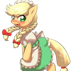 Size: 1000x1000 | Tagged: safe, artist:yajima, applejack, earth pony, pony, g4, alternate hairstyle, apron, bipedal, blushing, braid, clothes, female, maid, simple background, solo, twin braids