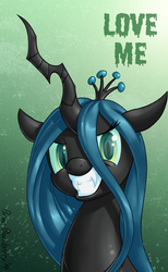 Size: 371x601 | Tagged: safe, artist:brianblackberry, queen chrysalis, changeling, changeling queen, g4, crown, female, grin, jewelry, love, regalia, solo