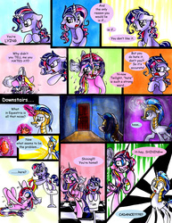 Size: 1682x2174 | Tagged: safe, artist:frostykat13, princess cadance, shining armor, twilight sparkle, g4, alternate hairstyle, armor, bow, comic, crossed hooves, crying, filly, floppy ears, frown, grin, magic, makeup, mascara, nervous, pouting, running makeup, smiling, wide eyes