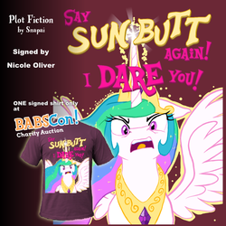 Size: 602x602 | Tagged: safe, artist:snapai, princess celestia, g4, angry, babscon, charity, clothes, don't call me sunbutt, pulp fiction, sunbutt, t-shirt