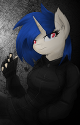 Size: 688x1078 | Tagged: safe, artist:ninjapony, dj pon-3, vinyl scratch, anthro, g4, breasts, busty vinyl scratch, clothes, female, fingerless gloves, gloves, hoodie, jacket, solo