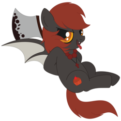 Size: 1600x1600 | Tagged: safe, artist:daieny, oc, oc only, bat pony, pony, axe, cross, cute, dark, fangs, looking at you, necklace, open mouth, sitting, smiling, solo, tongue out