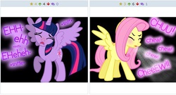 Size: 505x273 | Tagged: safe, fluttershy, twilight sparkle, alicorn, pony, derpibooru, g4, exploitable meme, female, juxtaposition, mare, meme, meta, sneezing, sneezing fetish, twilight sparkle (alicorn)