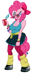 Size: 2160x5000 | Tagged: safe, artist:template93, pinkie pie, earth pony, anthro, g4, 80s, bow, cleavage, clothes, cup, fashion, female, fishnet stockings, glasses, skirt, socks, solo, sunglasses, swirly straw, tank top