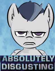 Size: 299x385 | Tagged: safe, artist:nobody, rumble, pegasus, pony, g4, absolutely disgusting, abstract background, bust, colt, disgusted, expand dong, exploitable meme, foal, looking at you, male, meme, rumble is not amused, solo, unamused