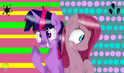 Size: 4500x2665 | Tagged: safe, artist:holomouse, pinkie pie, twilight sparkle, earth pony, pony, unicorn, g4, duo, female, pinkamena diane pie, simple background, twilight snapple, unicorn twilight, wallpaper