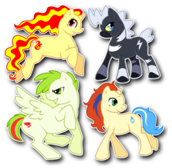 Size: 900x879 | Tagged: safe, artist:kaceymeg, blitzle, keldeo, rapidash, shaymin, pokémon, ponified