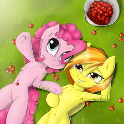 Size: 2400x2400 | Tagged: safe, artist:captainpudgemuffin, pinkie pie, spitfire, semi-anthro, g4, armpits, belly button, cherry, chest fluff, duo, ear fluff, food, friendshipping, grass, high res, on back