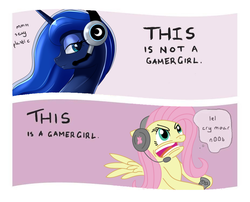 Size: 928x749 | Tagged: artist needed, safe, fluttershy, princess luna, alicorn, pegasus, pony, gamer luna, g4, comparison, controller, dialogue, duo, female, gamer, gamer girl, gamershy, headset, hoof hold, mare, open mouth, profile, speech bubble