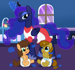 Size: 1500x1400 | Tagged: safe, artist:fillyscoots42, princess luna, oc, oc:charlie horse, oc:star song, pony, g4, age regression, baby, baby bottle, baby pony, baby wipes, changing table, crib, diaper, foal, maternaluna, mobile, nursery, poofy diaper