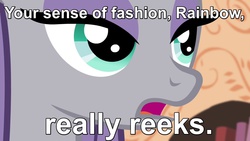 Size: 1280x720 | Tagged: source needed, safe, maud pie, g4, deadpan snarker, female, image macro, meme, quote, r. dorothy wayneright, rainbow dash always dresses in style, solo, text edit, the big o, unenthused