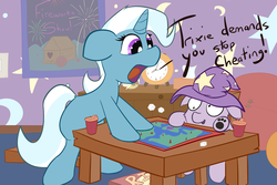 Size: 6000x4000 | Tagged: safe, artist:solipsus, trixie, pony, unicorn, g4, board game, cup, female, filly, fireworks, hat, mare, plushie, risk, sippy cup, solo, wizard hat, younger