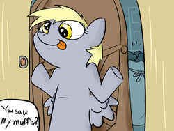 Size: 640x480 | Tagged: safe, artist:swomswom, derpy hooves, pegasus, pony, g4, female, mare, muffin, shrug, solo