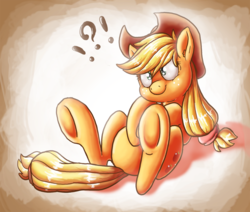 Size: 1600x1355 | Tagged: safe, artist:raunchyopposition, applejack, earth pony, pony, g4, bellyrubs, ear fluff, female, happy, legs in air, on back, silly, silly pony, smiling, solo, underhoof, who's a silly pony, wide eyes