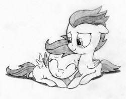 Size: 1563x1231 | Tagged: safe, artist:svetam, rumble, scootaloo, pegasus, g4, blushing, colt, comforting, commission, cuddling, cute, duo, duo male and female, eyes closed, female, filly, floppy ears, foal, male, monochrome, nuzzling, prone, ship:rumbloo, shipping, smiling, snuggling, straight, traditional art
