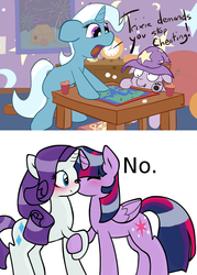 Size: 717x1000 | Tagged: safe, artist:solipsus, artist:toridesori, edit, rarity, trixie, twilight sparkle, alicorn, pony, unicorn, g4, blushing, board game, female, lesbian, mare, ship:rarilight, ship:twixie, shipping, twilight sparkle (alicorn)