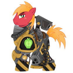 Size: 3600x3600 | Tagged: safe, artist:ahrimatt, big macintosh, earth pony, pony, g4, armor, crossover, heavy bolter, high res, iron warriors, male, power armor, powered exoskeleton, simple background, solo, space marine, stallion, transparent background, warhammer (game), warhammer 40k, weapon