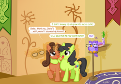 Size: 2548x1778 | Tagged: safe, artist:dsp2003, oc, oc only, earth pony, owl, pony, unicorn, book, comic, cutie mark, glasses, open mouth, pencil, plant, pun, tongue out