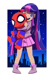 Size: 800x1132 | Tagged: safe, artist:ecchiman83, twilight sparkle, human, spiders and magic: rise of spider-mane, g4, crossover, crossover shipping, heart, humanized, male, peter parker, plushie, shipping, smiling, spider-man, spidertwi