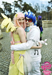 Size: 1024x1483 | Tagged: safe, artist:mylittlepearl, dj pon-3, fluttershy, vinyl scratch, human, g4, cosplay, irl, irl human, photo