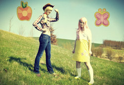 Size: 1024x704 | Tagged: safe, artist:mylittlepearl, applejack, fluttershy, human, g4, cosplay, irl, irl human, photo