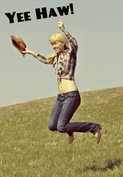 Size: 1024x1478 | Tagged: safe, artist:mylittlepearl, applejack, human, g4, belly button, clothes, cosplay, cowboy hat, front knot midriff, hat, irl, irl human, jeans, jumping, midriff, photo, solo
