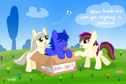 Size: 2304x1536 | Tagged: safe, artist:dsp2003, oc, oc only, butterfly, earth pony, pegasus, pony, cardboard box, filly