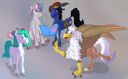 Size: 4000x2480 | Tagged: safe, artist:xonxt, oc, oc only, oc:digibrony, oc:silver quill, classical hippogriff, hippogriff, analysis bronies, bronycurious, cigarette, comic book, gibbontake, group shot, hat, high res, magic, non-pony oc, semi-realistic, smoking, telekinesis, tudor cap