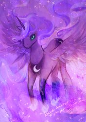 Size: 620x877 | Tagged: safe, artist:alaskayu, princess luna, alicorn, pony, g4, ethereal mane, female, hoof shoes, signature, solo, sparkles, spread wings, starry mane, wings