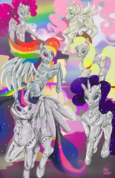 Size: 2200x3400 | Tagged: safe, artist:littlemissvi, applejack, fluttershy, pinkie pie, rainbow dash, rarity, twilight sparkle, alicorn, pony, robot, robot pony, g4, crossover, female, high res, mane six, mare, robot unicorn attack, roboticization, twilight sparkle (alicorn)
