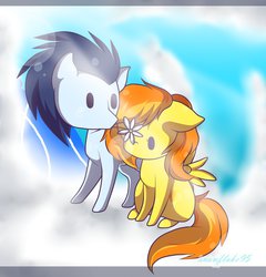 Size: 876x912 | Tagged: safe, artist:snowflake95, soarin', spitfire, g4, cloud, cloudy, female, flower, love, male, ship:soarinfire, shipping, straight