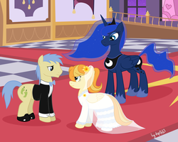 Size: 5120x4096 | Tagged: safe, artist:dsp2003, goldengrape, princess luna, sir colton vines iii, oc, oc:sunny smile, earth pony, pony, g4, absurd resolution, background pony, canon x oc, canterlot castle, clothes, cutie mark, dress, female, male, shipping, stallion, straight, tuxedo, wedding, wedding dress