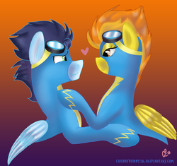 Size: 900x847 | Tagged: safe, artist:chubbybunny56, soarin', spitfire, g4, female, heart, male, ship:soarinfire, shipping, straight, wonderbolts, wonderbolts uniform