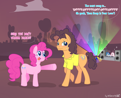 Size: 1860x1500 | Tagged: safe, artist:dsp2003, cheese sandwich, dj pon-3, pinkie pie, vinyl scratch, oc, oc:fluffle puff, g4, bee gees, comic, cutie mark, dance floor, female, fluffle puffing, male, ship:cheesepie, shipping, straight