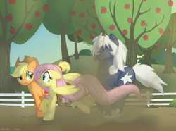 Size: 1160x861 | Tagged: safe, artist:faith-wolff, applejack, fluttershy, earth pony, kaiju pony, pegasus, pony, fanfic:the bridge, g4, apple tree, crossover, dust, fanfic art, female, galloping, godzilla (series), horn, male, mare, ponified, read in beast wars megatron's voice, spacegodzilla, stallion, tree, tricorn, trio, xenilla