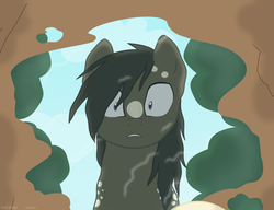 Size: 1129x865 | Tagged: safe, artist:faith-wolff, earth pony, kaiju pony, pony, fanfic:the bridge, anguirus, crossover, day, fanfic art, godzilla (series), looking at self, male, ponified, puddle, reflection, solo, stallion