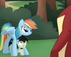 Size: 1071x854 | Tagged: safe, artist:faith-wolff, garble, rainbow dash, oc, oc:gentle leaf, dragon, pegasus, pony, fanfic:the bridge, g4, angry, fanfic art, female, filly, foal, gentle heart, mare, protecting, teenaged dragon, teenager