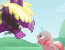 Size: 1103x845 | Tagged: safe, artist:faith-wolff, spear (g4), oc, oc:orchid, dragon, pony, unicorn, fanfic:the bridge, g4, angry, duo, fanfic art, female, filly, foal, male, open mouth, smoke, teenaged dragon