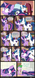 Size: 950x2125 | Tagged: safe, artist:dm29, flash sentry, shining armor, spike, twilight sparkle, alicorn, pony, g4, bloodshot eyes, cleaning product, comic, cross-eyed, eye contact, female, frown, magic, mare, on side, reading, shower, shower of angst, smiling, trio, twilight sparkle (alicorn), wet mane, wide eyes, yelling