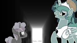 Size: 1366x768 | Tagged: safe, artist:asika-aida, princess luna, sweetie belle, for whom the sweetie belle toils, g4, armor, inverted colors, prince artemis, rule 63, silver bell