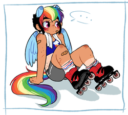 Size: 823x742 | Tagged: safe, artist:techtechno, rainbow dash, human, g4, ..., bandaid, eared humanization, female, humanized, injured, natural hair color, roller skates, sitting, skinned knees, solo, speech bubble, tailed humanization, tan lines, winged humanization