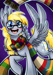 Size: 1280x1792 | Tagged: safe, artist:jitterbugjive, artist:victriaofargus, edit, derpy hooves, pegasus, pony, g4, blushing, clothes, cute, derpabetes, doctor derpy, doctor who, female, fourth doctor's scarf, glasses, implied doctor whooves, mare, scarf, solo, striped scarf, tardis key, the derptor, time lady, wrong eye color