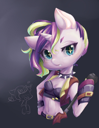 Size: 700x900 | Tagged: safe, artist:akamei, oc, oc only, oc:blink, unicorn, anthro, semi-anthro, arm hooves, belly button, bipedal, blushing, breasts, clothes, jojo pose, necklace, pixiv, solo