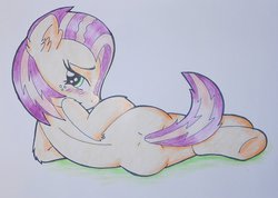 Size: 1024x728 | Tagged: safe, artist:warumono1989, babs seed, earth pony, pony, g4, back, bedroom eyes, blushing, butt, female, filly, foal, on side, plot, solo, sultry pose, underhoof