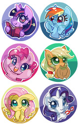 Size: 1900x3000 | Tagged: safe, artist:akamei, applejack, fluttershy, pinkie pie, rainbow dash, rarity, twilight sparkle, g4, badge, cute, dashabetes, diapinkes, jackabetes, mane six, pixiv, raribetes, twiabetes