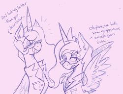 Size: 1024x785 | Tagged: safe, artist:wirelesspony, princess celestia, princess luna, g4, dialogue, glasses, monochrome