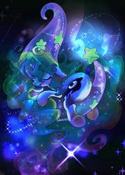 Size: 1000x1395 | Tagged: safe, alternate version, artist:kolshica, princess luna, alicorn, pony, g4, crescent moon, female, loose hair, moon, open mouth, prone, sleeping, solo, sparkles, tangible heavenly object