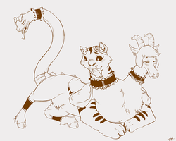 Size: 1280x1024 | Tagged: safe, artist:cold-blooded-twilight, chimera sisters, big cat, chimera, goat, snake, tiger, g4, blushing, collar, cute, earring, monochrome, multiple heads, piercing, three heads