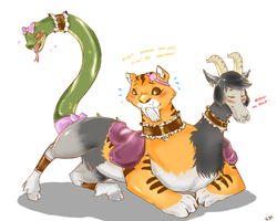 Size: 1280x1024 | Tagged: safe, artist:cold-blooded-twilight, chimera sisters, big cat, chimera, goat, snake, tiger, g4, ask, blushing, collar, colored, cute, dialogue, earring, heart, multiple heads, piercing, shy, sweat, three heads, tumblr